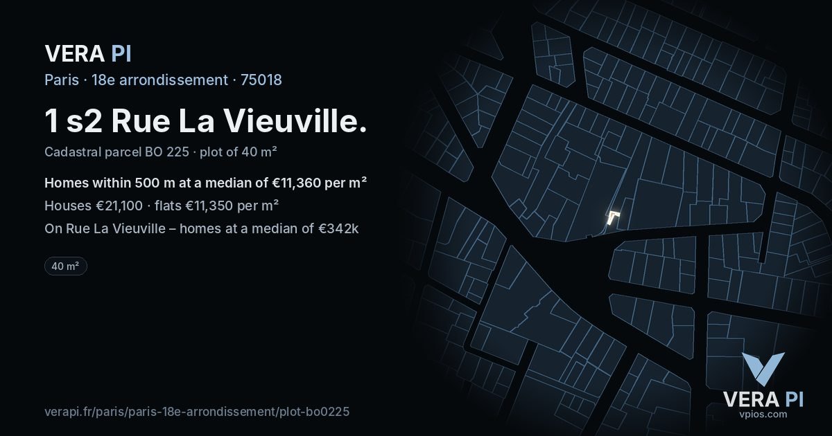 1 s2 Rue La Vieuville, 18e arrondissement at night – the plot lit, the parcels around coloured by the prices near them