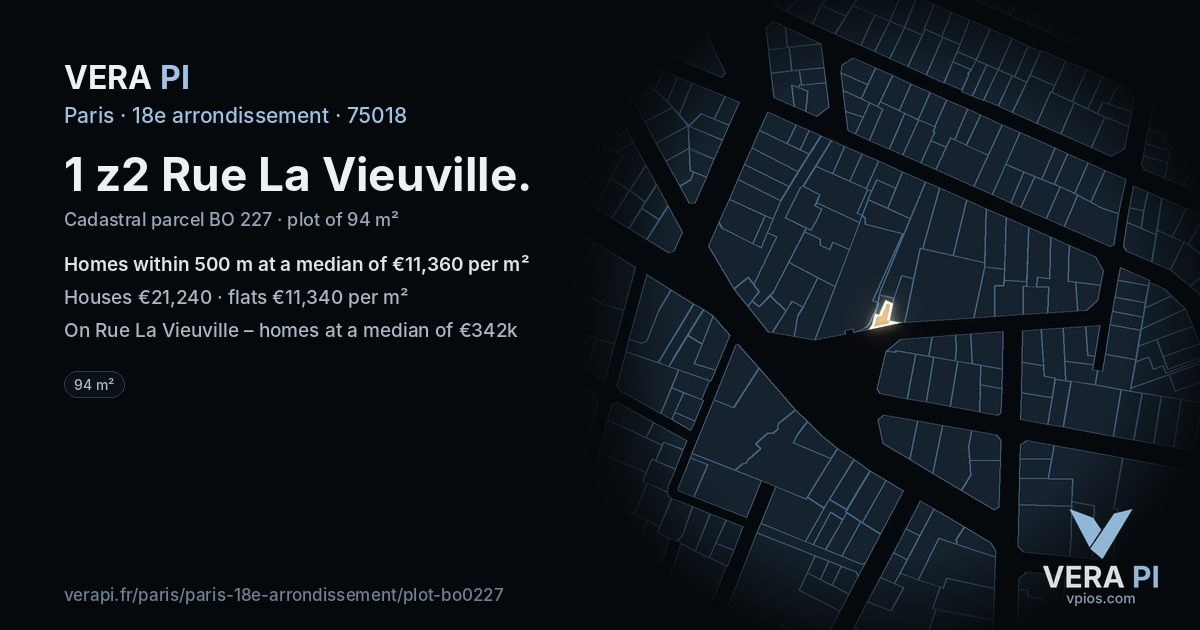 1 z2 Rue La Vieuville, 18e arrondissement at night – the plot lit, the parcels around coloured by the prices near them