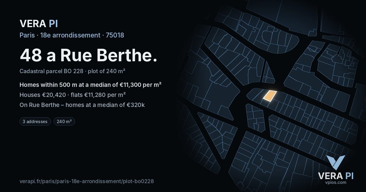 48 a Rue Berthe, 18e arrondissement at night – the plot lit, the parcels around coloured by the prices near them