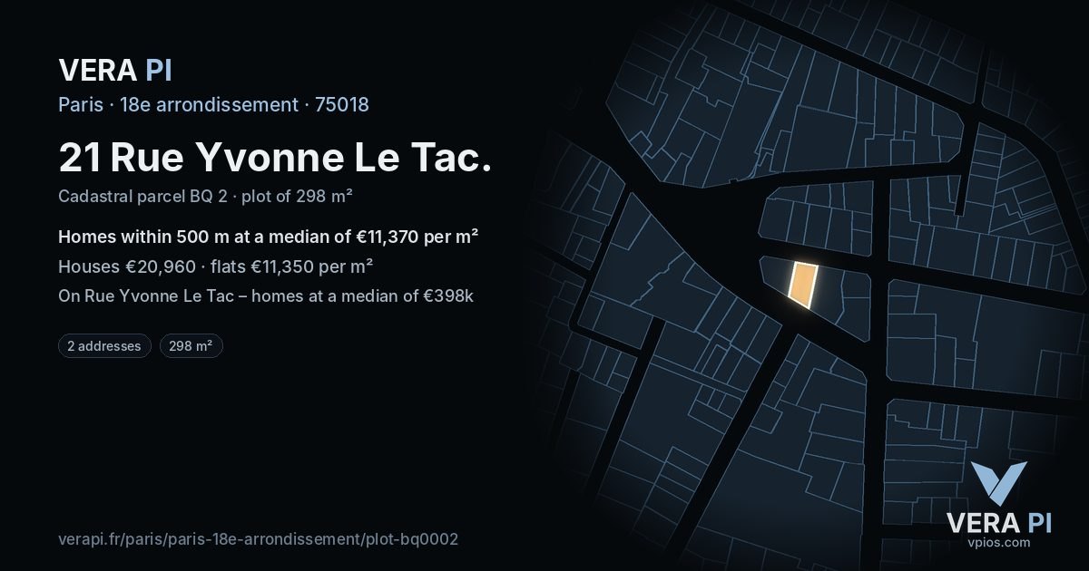 21 Rue Yvonne Le Tac, 18e arrondissement at night – the plot lit, the parcels around coloured by the prices near them
