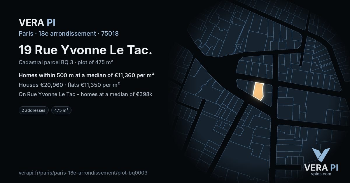 19 Rue Yvonne Le Tac, 18e arrondissement at night – the plot lit, the parcels around coloured by the prices near them