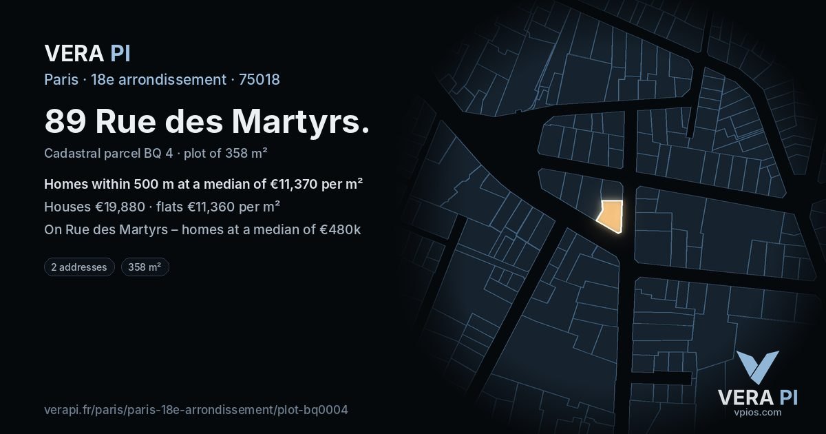 89 Rue des Martyrs, 18e arrondissement at night – the plot lit, the parcels around coloured by the prices near them