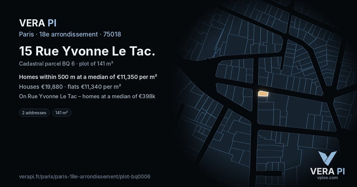 15 Rue Yvonne Le Tac, 18e arrondissement at night – the plot lit, the parcels around coloured by the prices near them