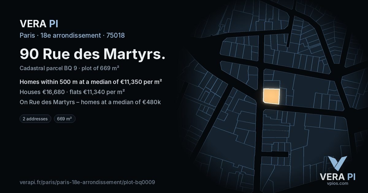 90 Rue des Martyrs, 18e arrondissement at night – the plot lit, the parcels around coloured by the prices near them