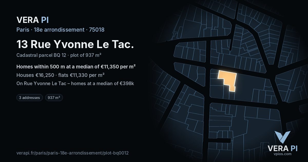 13 Rue Yvonne Le Tac, 18e arrondissement at night – the plot lit, the parcels around coloured by the prices near them