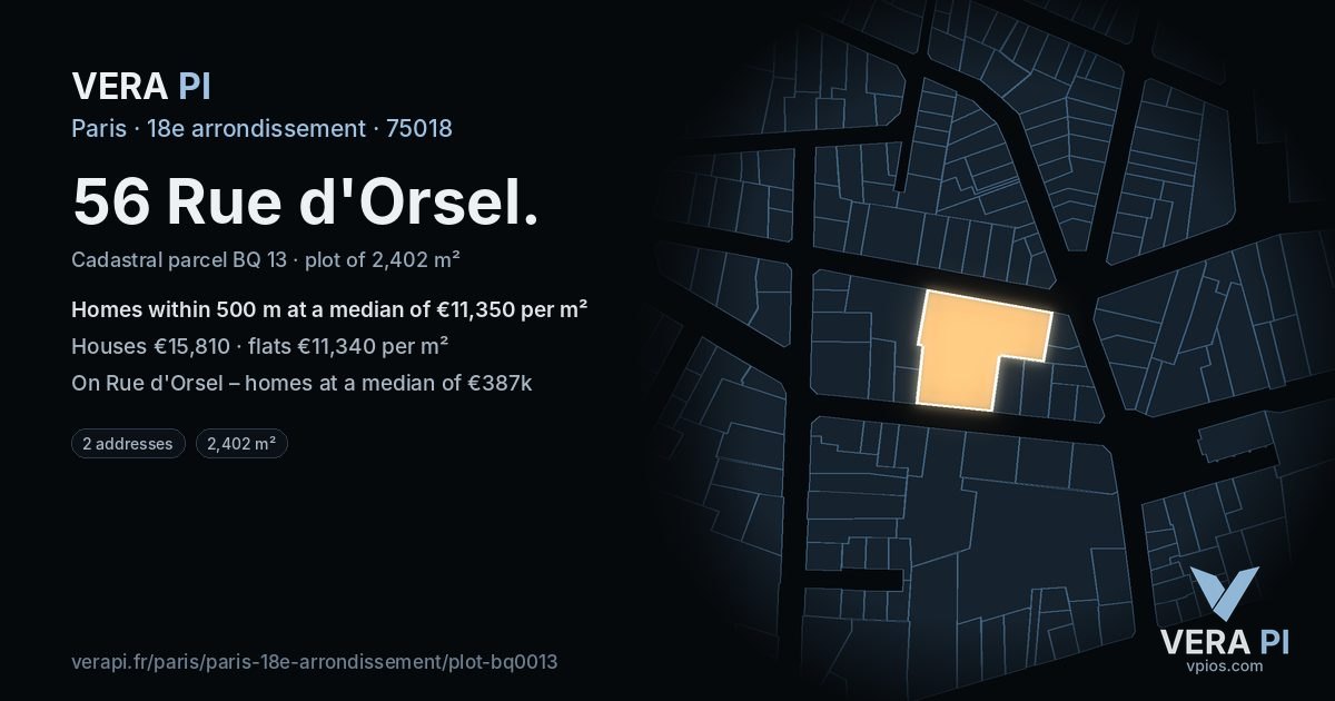 56 Rue d'Orsel, 18e arrondissement at night – the plot lit, the parcels around coloured by the prices near them