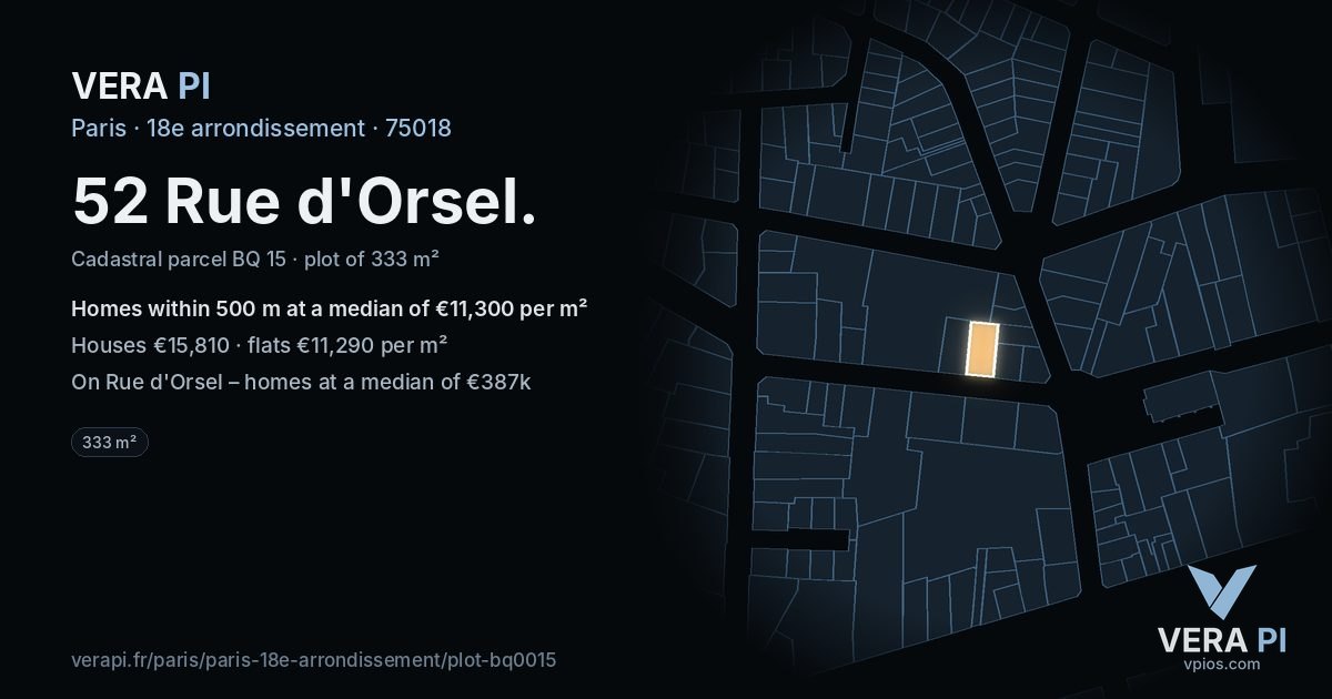 52 Rue d'Orsel, 18e arrondissement at night – the plot lit, the parcels around coloured by the prices near them