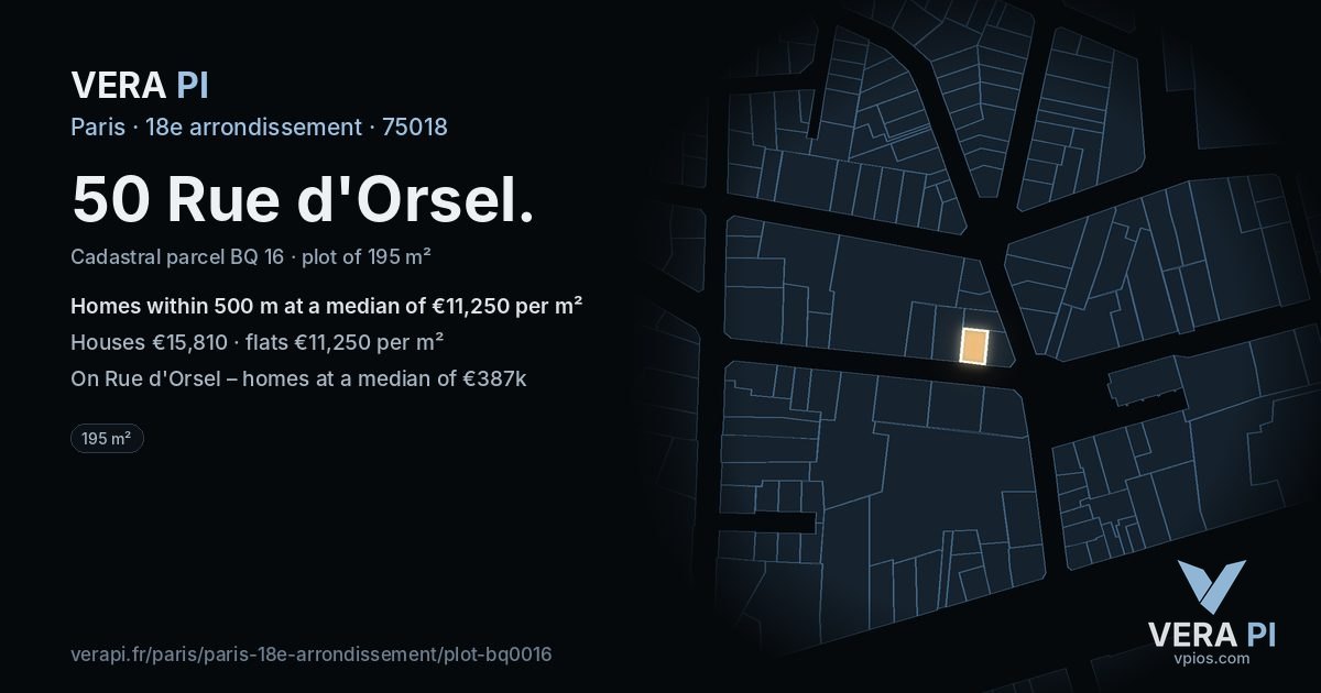 50 Rue d'Orsel, 18e arrondissement at night – the plot lit, the parcels around coloured by the prices near them