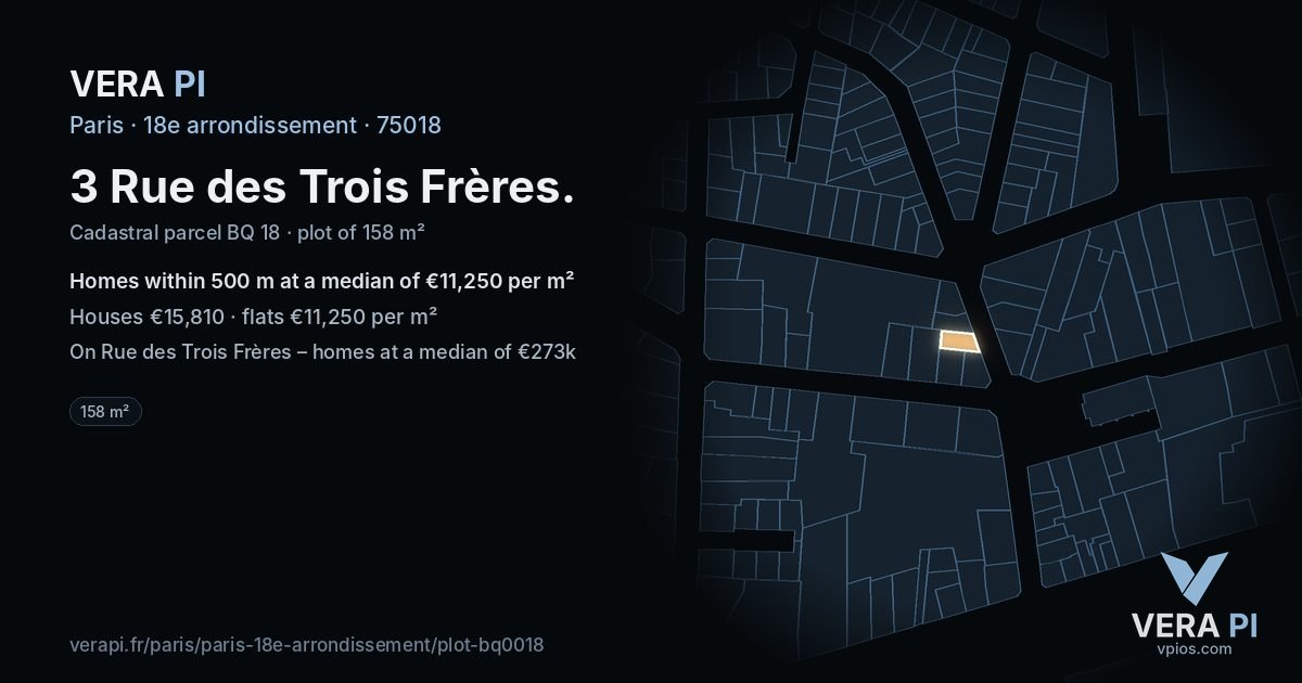 3 Rue des Trois Frères, 18e arrondissement at night – the plot lit, the parcels around coloured by the prices near them
