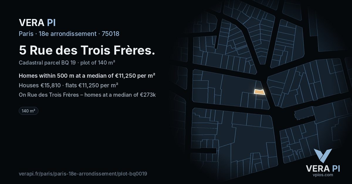 5 Rue des Trois Frères, 18e arrondissement at night – the plot lit, the parcels around coloured by the prices near them