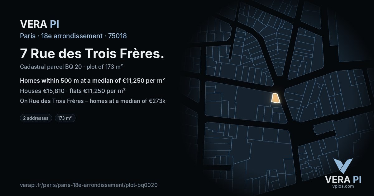 7 Rue des Trois Frères, 18e arrondissement at night – the plot lit, the parcels around coloured by the prices near them
