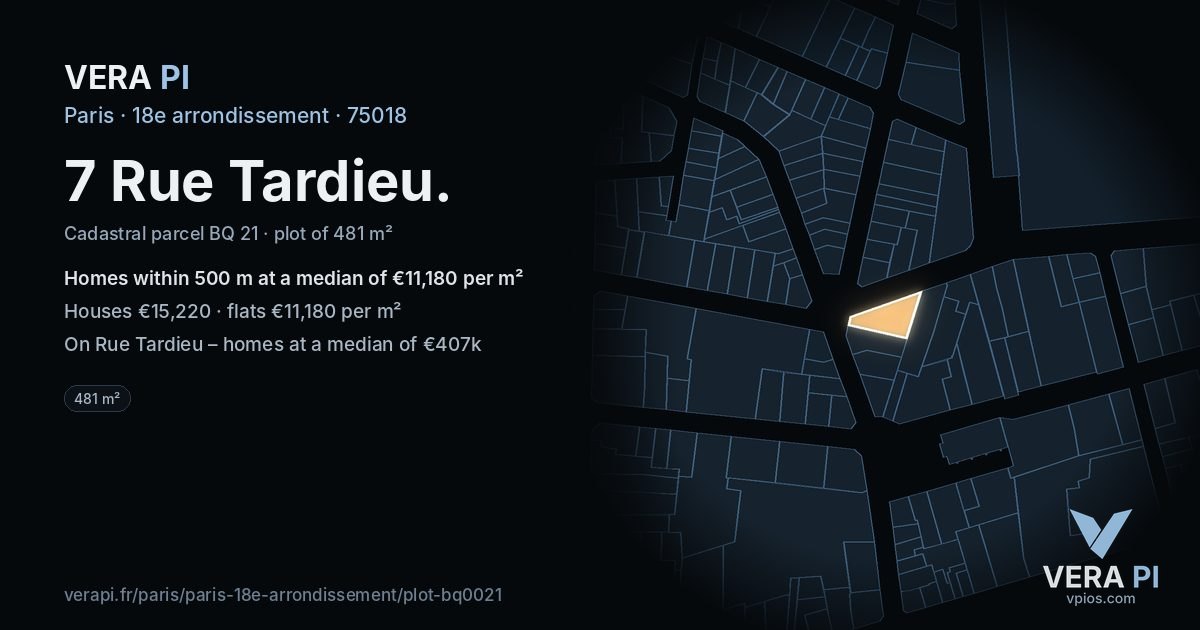 7 Rue Tardieu, 18e arrondissement at night – the plot lit, the parcels around coloured by the prices near them