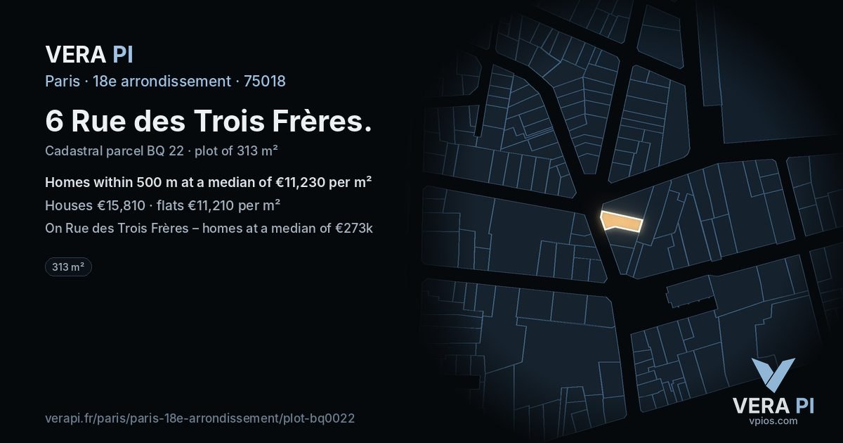 6 Rue des Trois Frères, 18e arrondissement at night – the plot lit, the parcels around coloured by the prices near them