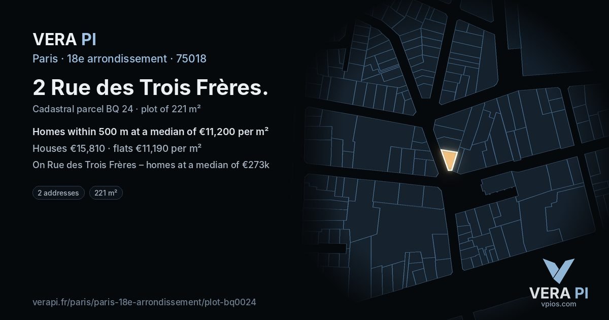 2 Rue des Trois Frères, 18e arrondissement at night – the plot lit, the parcels around coloured by the prices near them