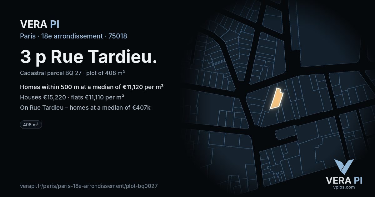 3 p Rue Tardieu, 18e arrondissement at night – the plot lit, the parcels around coloured by the prices near them
