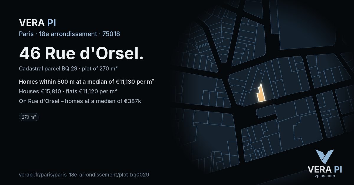 46 Rue d'Orsel, 18e arrondissement at night – the plot lit, the parcels around coloured by the prices near them