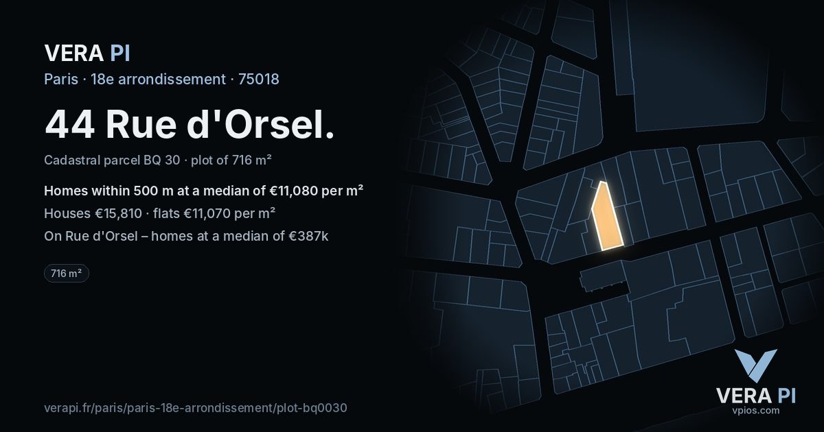 44 Rue d'Orsel, 18e arrondissement at night – the plot lit, the parcels around coloured by the prices near them