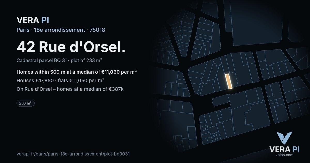 42 Rue d'Orsel, 18e arrondissement at night – the plot lit, the parcels around coloured by the prices near them