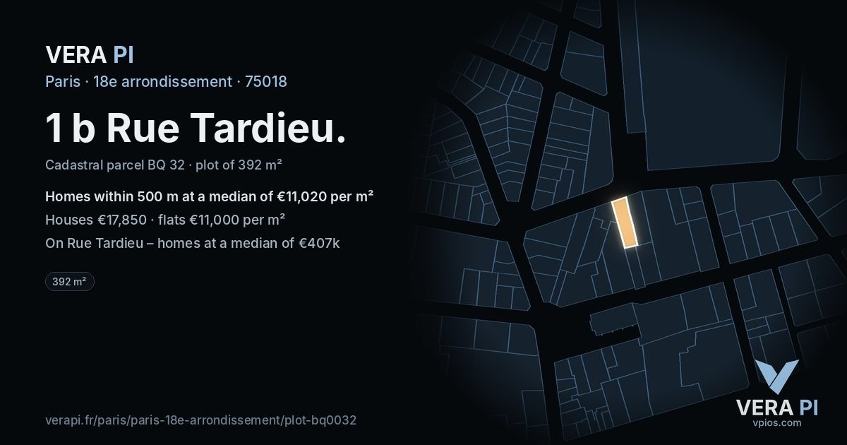 1 b Rue Tardieu, 18e arrondissement at night – the plot lit, the parcels around coloured by the prices near them