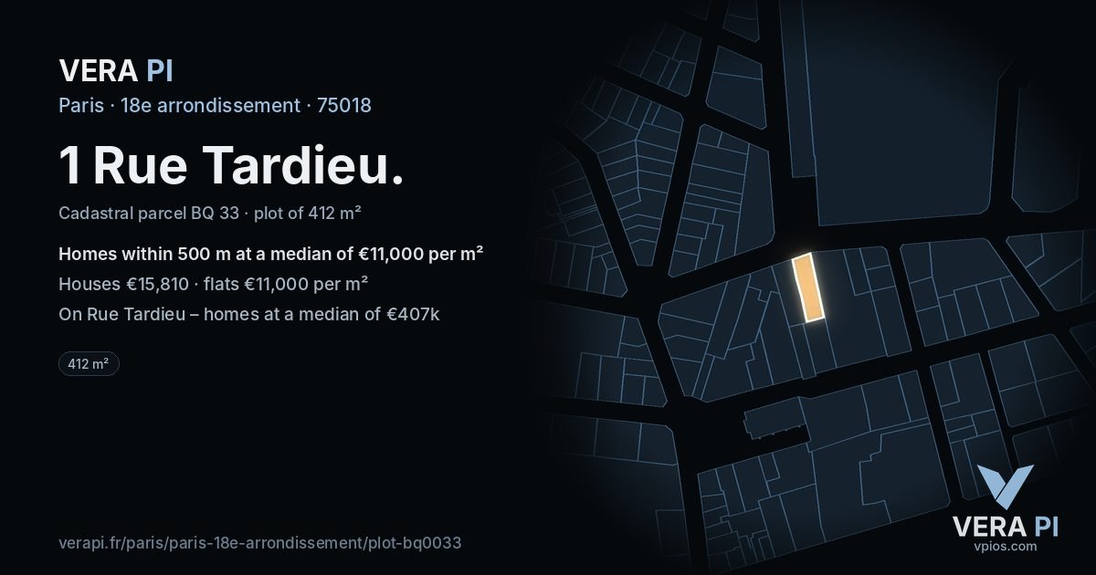 1 Rue Tardieu, 18e arrondissement at night – the plot lit, the parcels around coloured by the prices near them