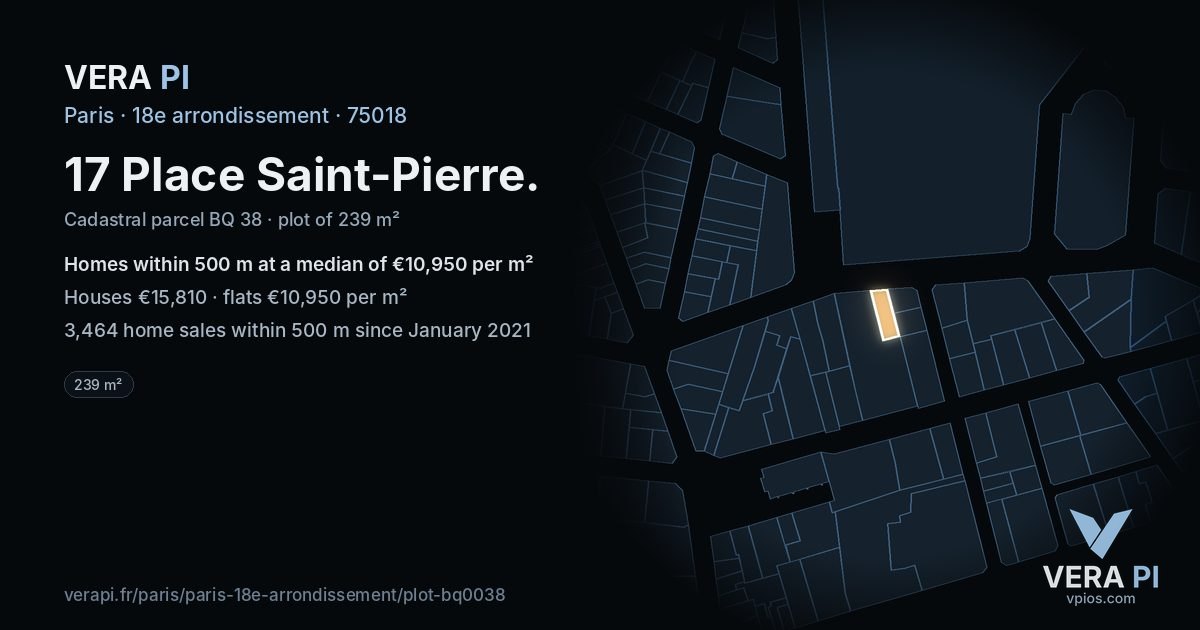 17 Place Saint-Pierre, 18e arrondissement at night – the plot lit, the parcels around coloured by the prices near them