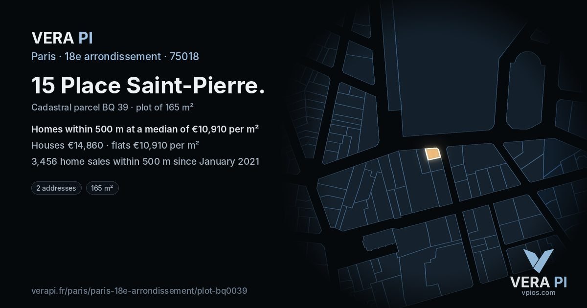 15 Place Saint-Pierre, 18e arrondissement at night – the plot lit, the parcels around coloured by the prices near them