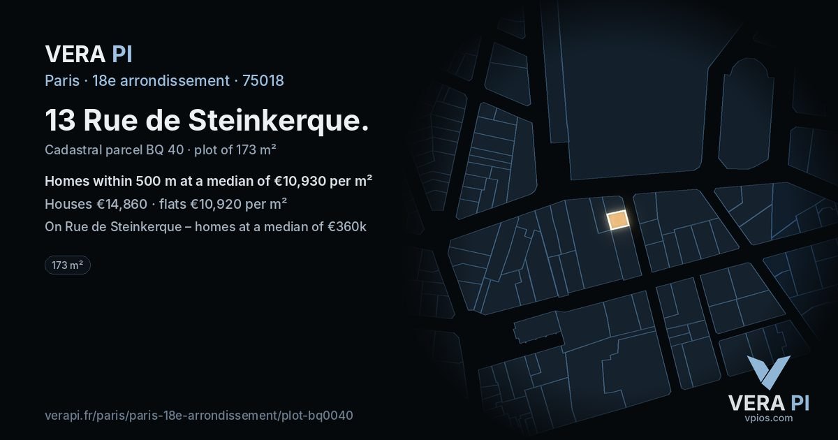 13 Rue de Steinkerque, 18e arrondissement at night – the plot lit, the parcels around coloured by the prices near them