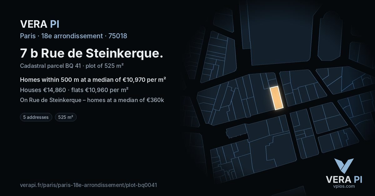 7 b Rue de Steinkerque, 18e arrondissement at night – the plot lit, the parcels around coloured by the prices near them