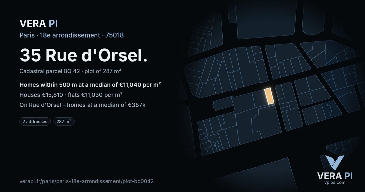 35 Rue d'Orsel, 18e arrondissement at night – the plot lit, the parcels around coloured by the prices near them