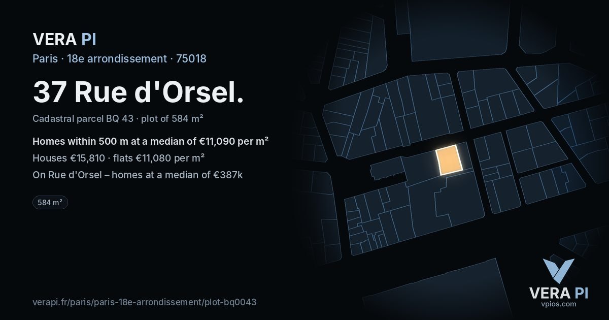 37 Rue d'Orsel, 18e arrondissement at night – the plot lit, the parcels around coloured by the prices near them