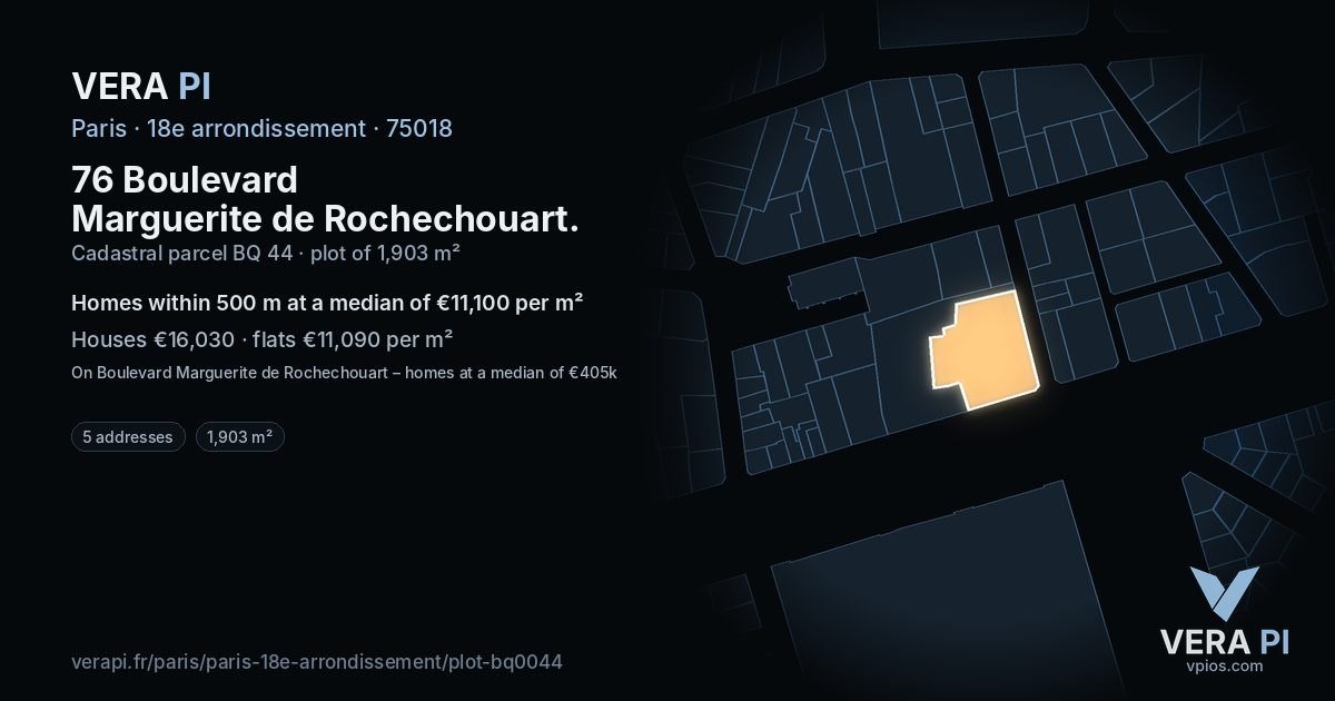 76 Boulevard Marguerite de Rochechouart, 18e arrondissement at night – the plot lit, the parcels around coloured by the prices near them