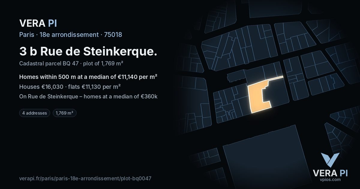 3 b Rue de Steinkerque, 18e arrondissement at night – the plot lit, the parcels around coloured by the prices near them