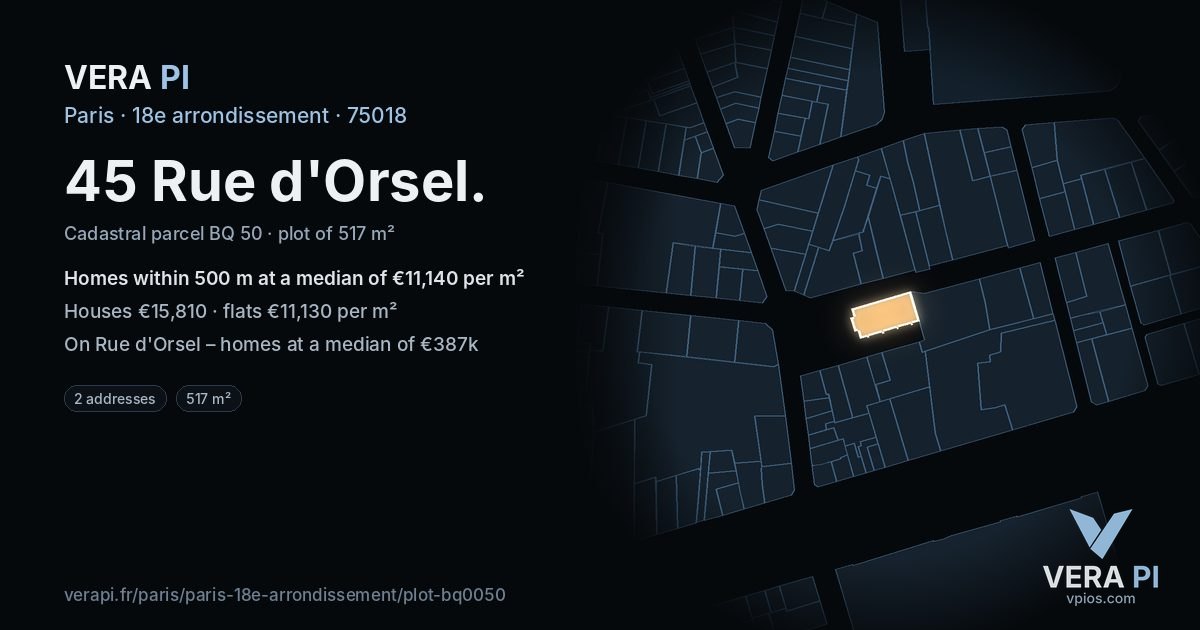 45 Rue d'Orsel, 18e arrondissement at night – the plot lit, the parcels around coloured by the prices near them