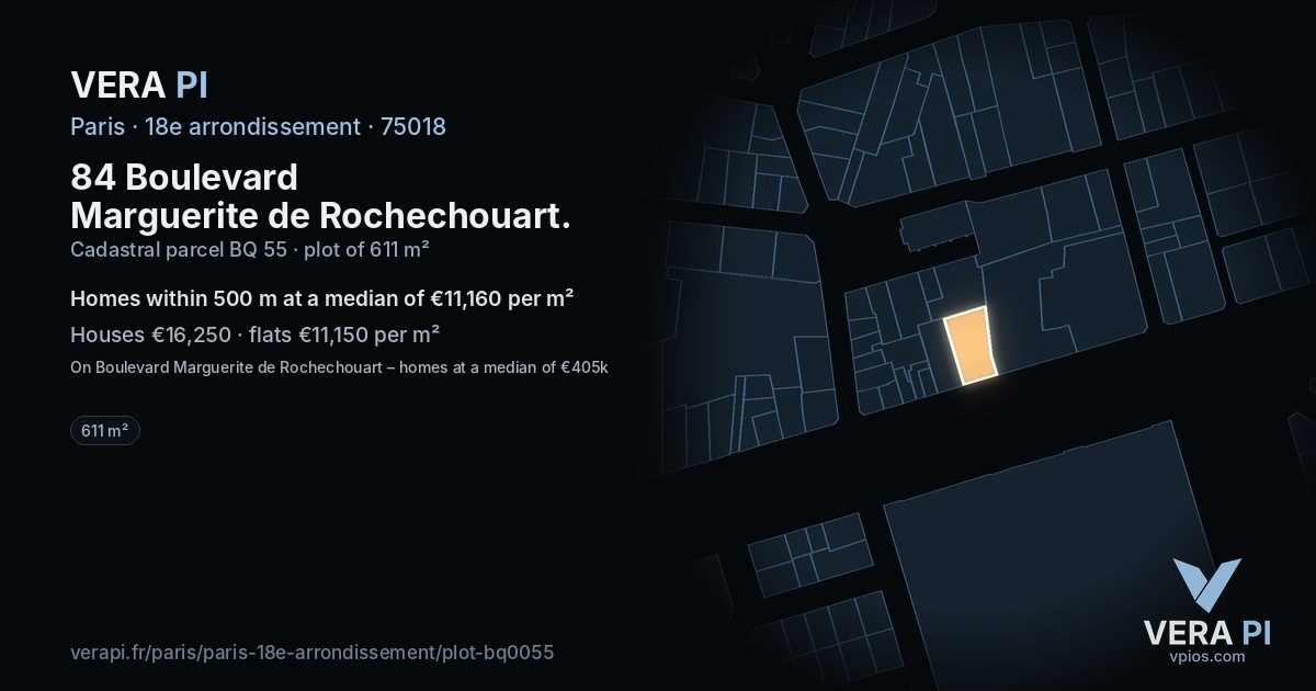 84 Boulevard Marguerite de Rochechouart, 18e arrondissement at night – the plot lit, the parcels around coloured by the prices near them