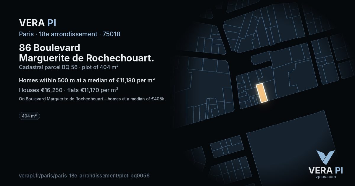 86 Boulevard Marguerite de Rochechouart, 18e arrondissement at night – the plot lit, the parcels around coloured by the prices near them