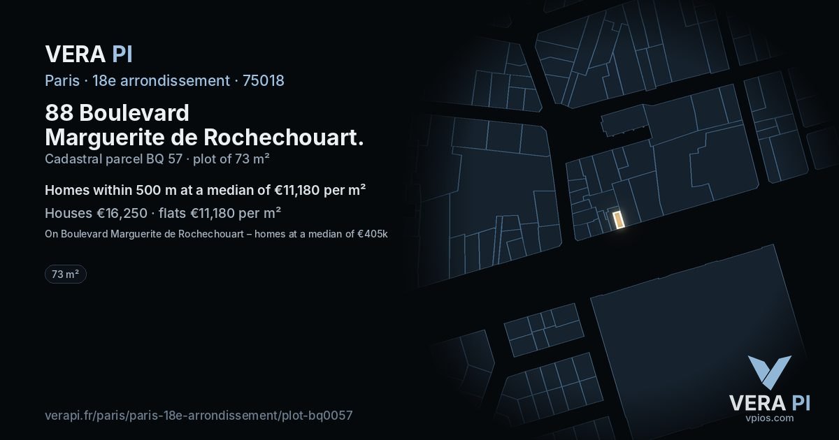 88 Boulevard Marguerite de Rochechouart, 18e arrondissement at night – the plot lit, the parcels around coloured by the prices near them