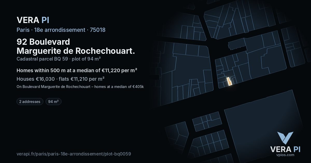 92 Boulevard Marguerite de Rochechouart, 18e arrondissement at night – the plot lit, the parcels around coloured by the prices near them