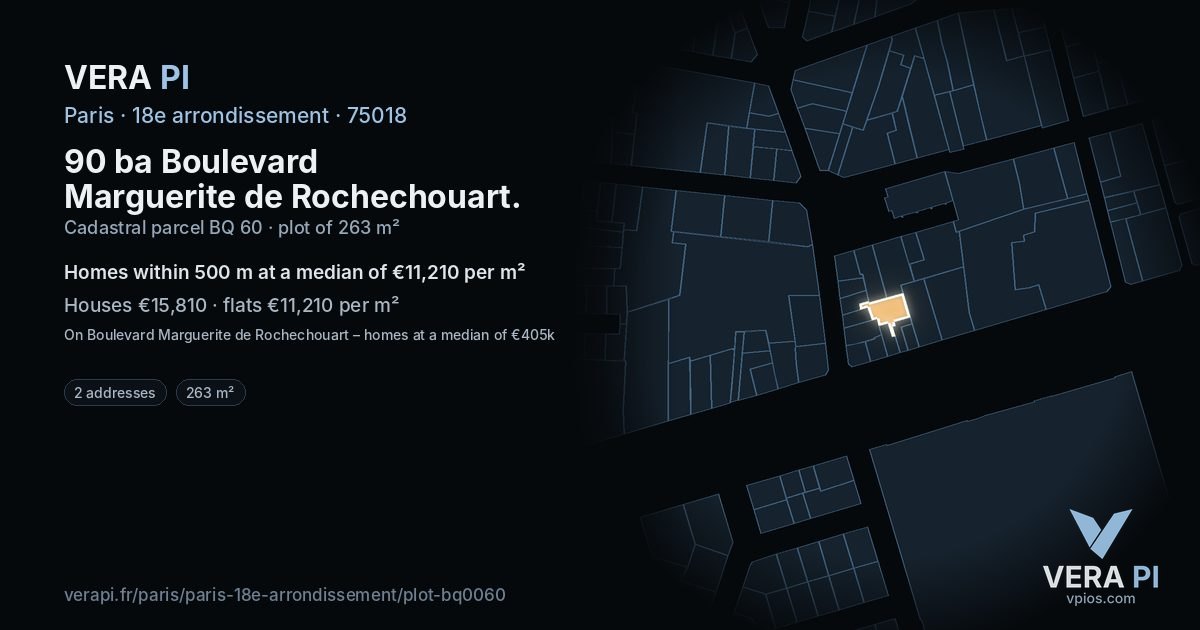 90 ba Boulevard Marguerite de Rochechouart, 18e arrondissement at night – the plot lit, the parcels around coloured by the prices near them