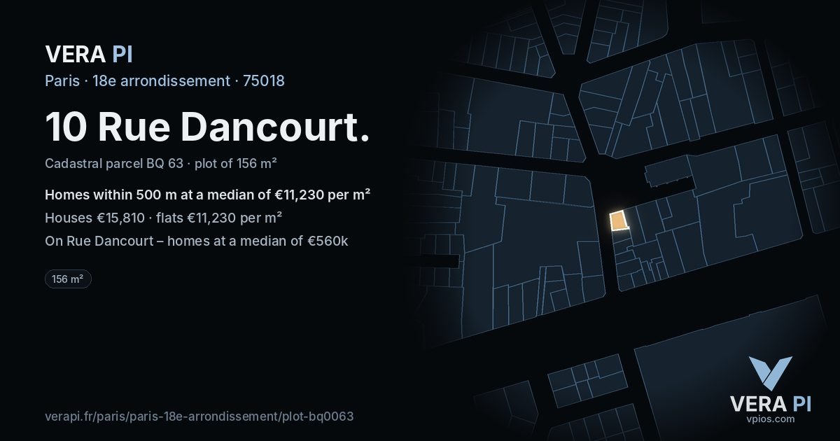 10 Rue Dancourt, 18e arrondissement at night – the plot lit, the parcels around coloured by the prices near them