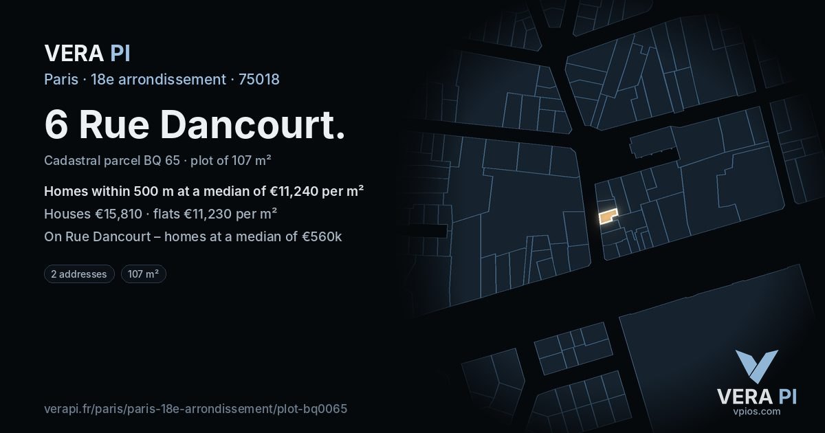 6 Rue Dancourt, 18e arrondissement at night – the plot lit, the parcels around coloured by the prices near them