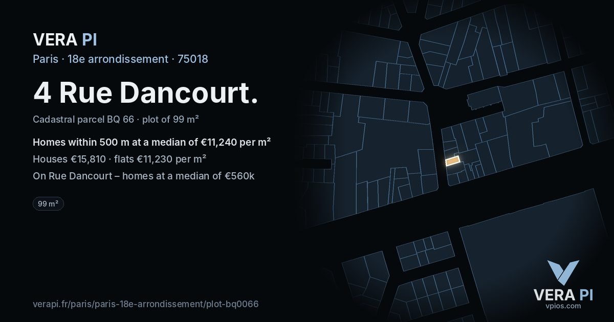 4 Rue Dancourt, 18e arrondissement at night – the plot lit, the parcels around coloured by the prices near them