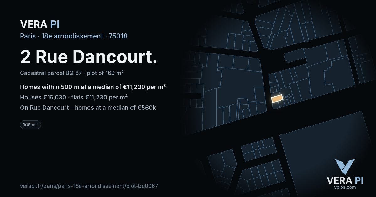 2 Rue Dancourt, 18e arrondissement at night – the plot lit, the parcels around coloured by the prices near them