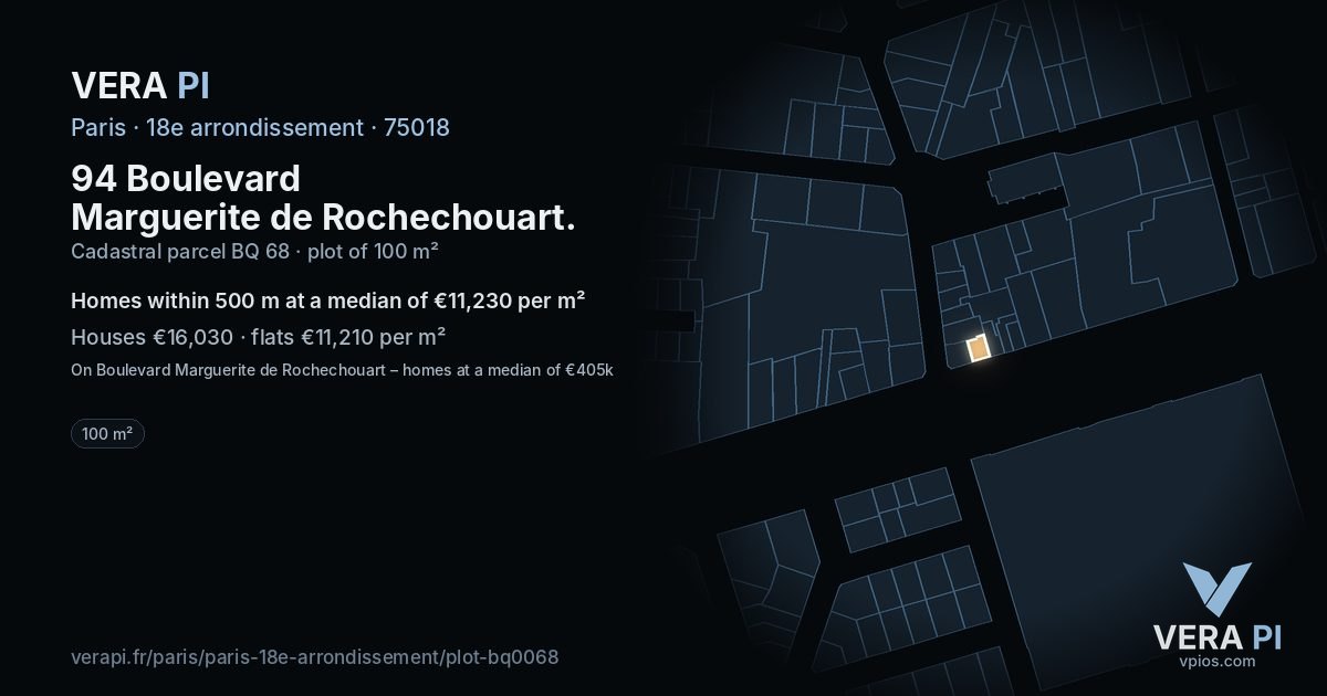 94 Boulevard Marguerite de Rochechouart, 18e arrondissement at night – the plot lit, the parcels around coloured by the prices near them