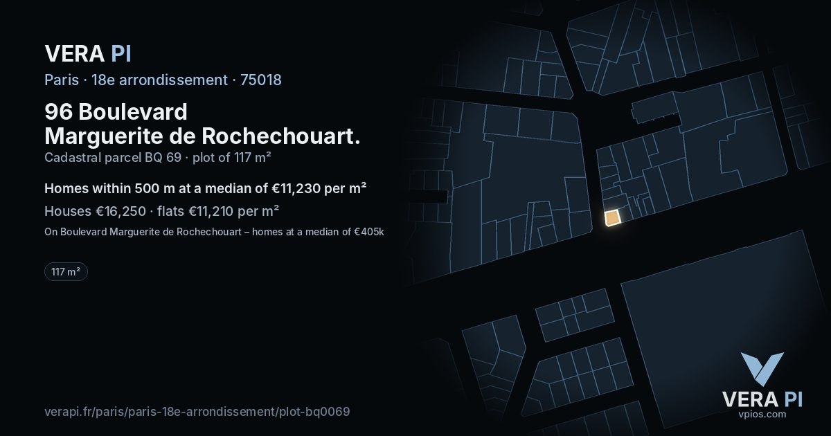 96 Boulevard Marguerite de Rochechouart, 18e arrondissement at night – the plot lit, the parcels around coloured by the prices near them