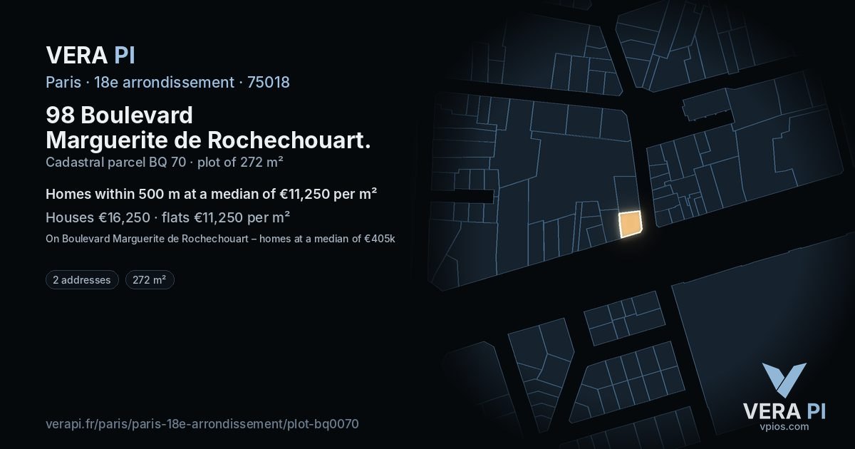 98 Boulevard Marguerite de Rochechouart, 18e arrondissement at night – the plot lit, the parcels around coloured by the prices near them