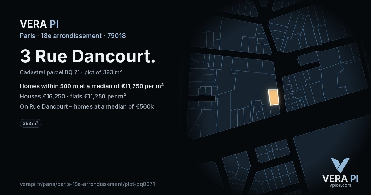 3 Rue Dancourt, 18e arrondissement at night – the plot lit, the parcels around coloured by the prices near them