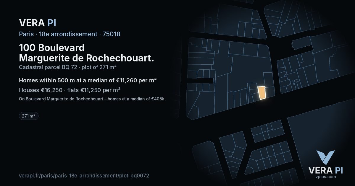 100 Boulevard Marguerite de Rochechouart, 18e arrondissement at night – the plot lit, the parcels around coloured by the prices near them