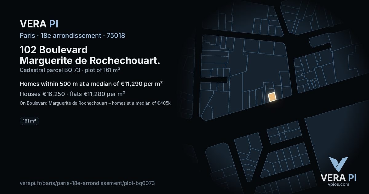 102 Boulevard Marguerite de Rochechouart, 18e arrondissement at night – the plot lit, the parcels around coloured by the prices near them