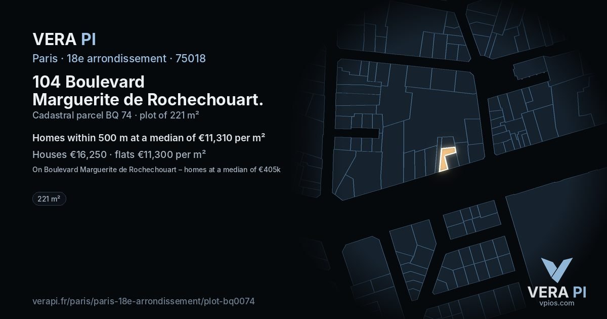 104 Boulevard Marguerite de Rochechouart, 18e arrondissement at night – the plot lit, the parcels around coloured by the prices near them