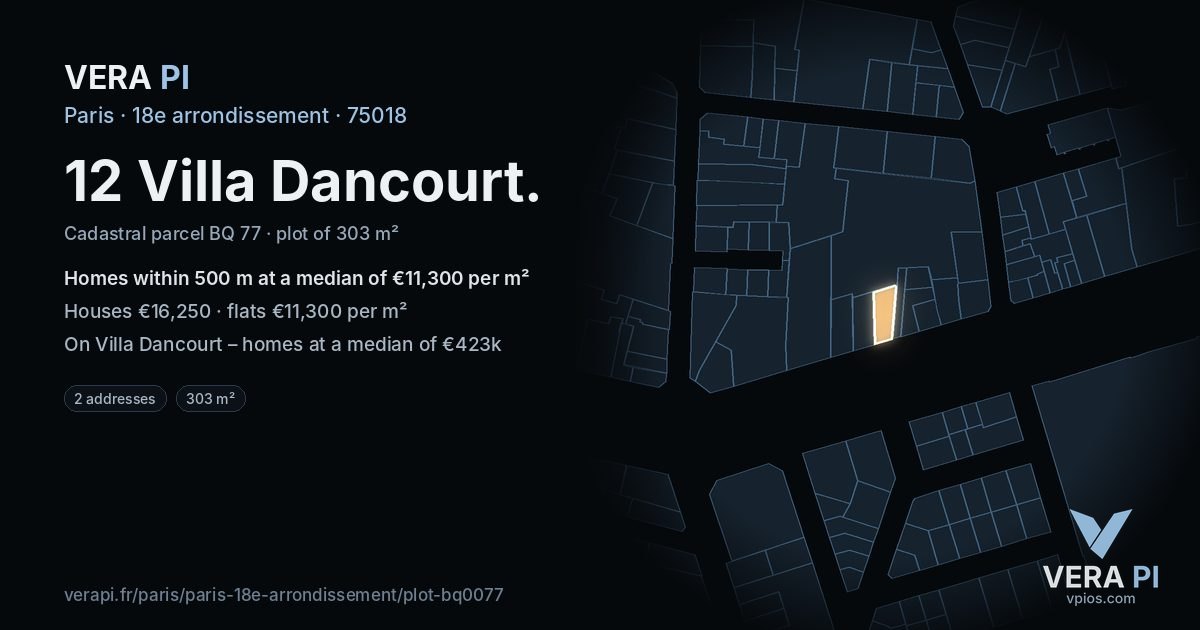 12 Villa Dancourt, 18e arrondissement at night – the plot lit, the parcels around coloured by the prices near them
